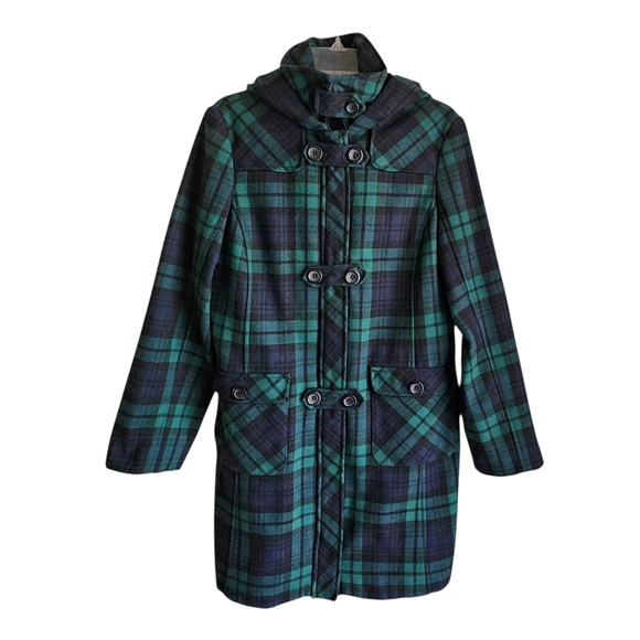 Vintage Lands End Wool Blend Duffle Coat Women L/XL Navy Green Tartan Plaid Hood - Picture 1 of 13